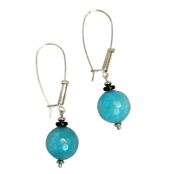 Green Faceted Stone Amazonite Large Bead Dangle Drop Earrings Long Wire Hooks - Picture 4 of 7